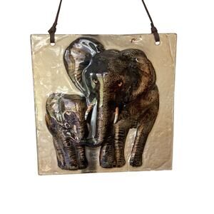 Vintage Fusion Glass Elephant Relief With Leather Hanger